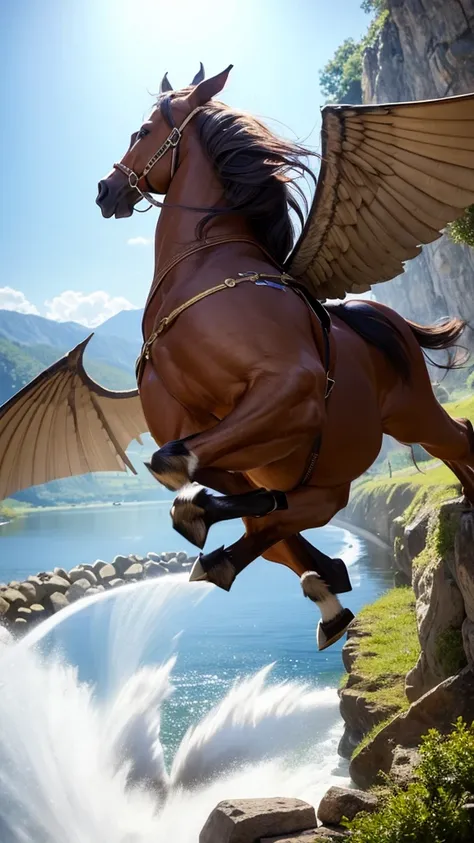 Huge and beastly horse, wide, with wings, jumping over a river between two stone walls