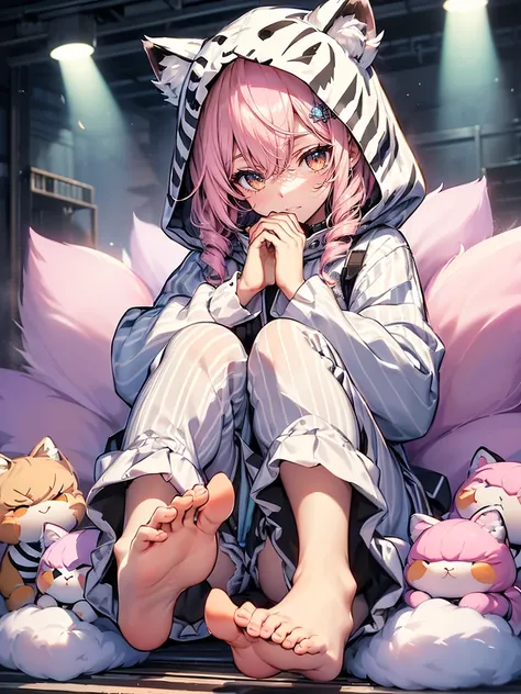 (white tiger kigurumi:1.2), (fluffy and soft fabric:1.4),((Long sleeve, feet cover hands):1.2), (ears and striped hood:1.3), (先端がblackい尾:1.3),(Best image quality),(Hair is pink、Drill Twin、Maid clothes）,(Master&#39;s Work),(Super detailed),(詳細なeyeの描写:1.0),(...