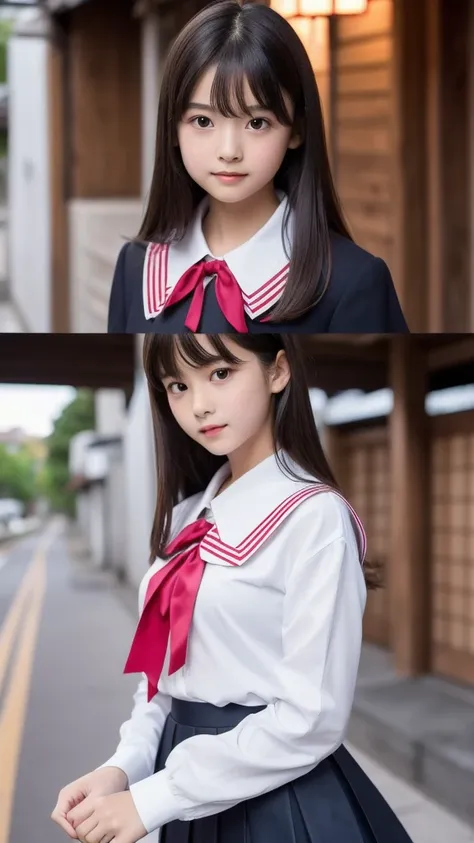 highest quality,photo quality,8K,ultra high resolution,professional lighting,12 years old,(cute),actress,thin face,detailed face,（short bangs),（Japanese high school uniform:1.1),transparent blouse:0.8,black skirt,look at the viewer,perfect hands,
