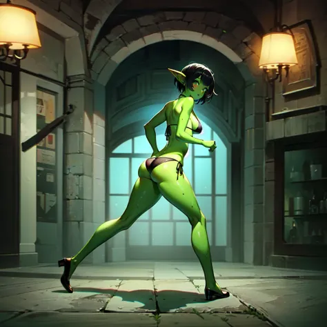 1 girl, small, goblin girl, female goblin, goblin, (green skin), ((large ears)), full body, (((short black hair))), ((small chest)), ((wide hips, thick thighlat )), Mature looking, ((full body))), by side, (((bikini))), sexy, ((big butt))