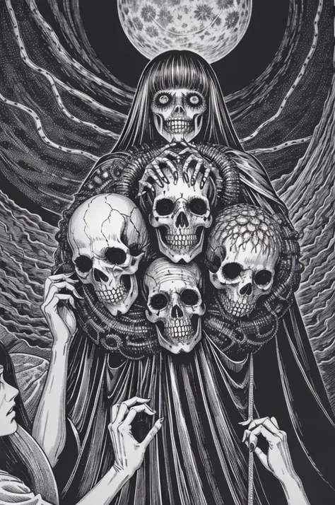 a painting of a woman holding a bunch of skull, disturbing, creepy, gloomy, rotten, by junji ito