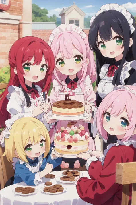 4+ girls, multiple colored hairs, sweet maids, random cute faces, super happy smiling, open mouth, group shot, zoom camera, sweet tea party, lots of cakes, macarons, chocolates, parfaits, cookies, land of sweets