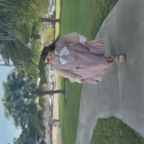 there is a woman standing on the sidewalk in a pink dress, whole body wide shot, whole body in view, very low quality image, wearing 10s era clothes, Old dress, outfit photo, front side full, dressed like in the 1940s, It is cute, whole body picture, outdo...