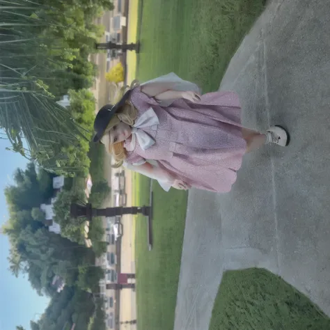 there is a blonde woman standing on the sidewalk in a pink dress, whole body wide shot, whole body in view, very low quality image, wearing 10s era clothes, Old dress, outfit photo, front side full, dressed like in the 1940s, It is cute, whole body picture...