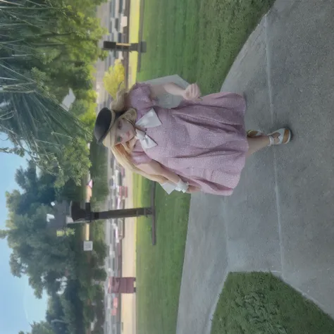 there is a blonde woman standing on the sidewalk in a pink dress, whole body wide shot, whole body in view, very low quality image, wearing 10s era clothes, Old dress, outfit photo, front side full, dressed like in the 1940s, It is cute, whole body picture...