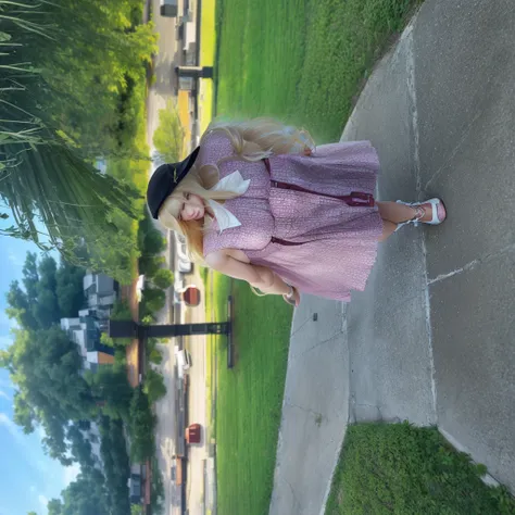 A blonde woman, parading down the sidewalk in a pink dress