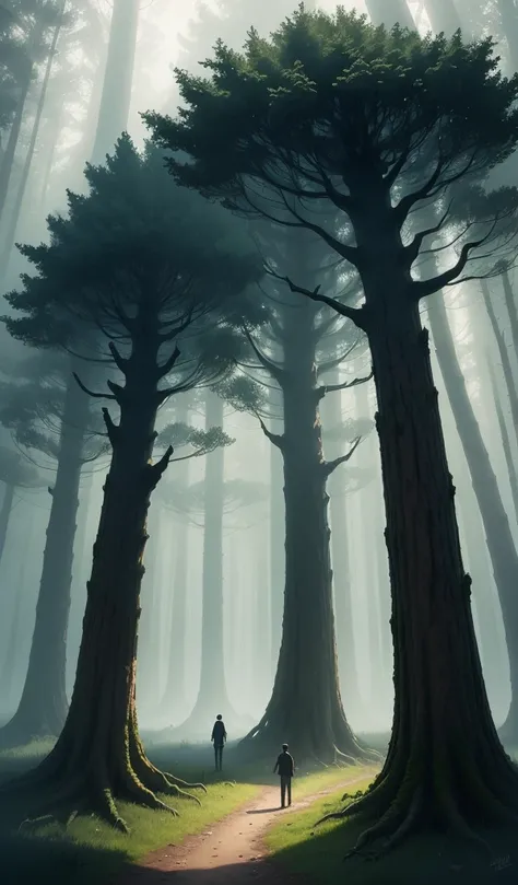 (anime, digital paint, deep forest, eerie atmosphere, 1 boy and 1 girl, children lost, worried expressions, towering trees casting long shadows, fog creeping along the ground, feeling of isolation and fear)