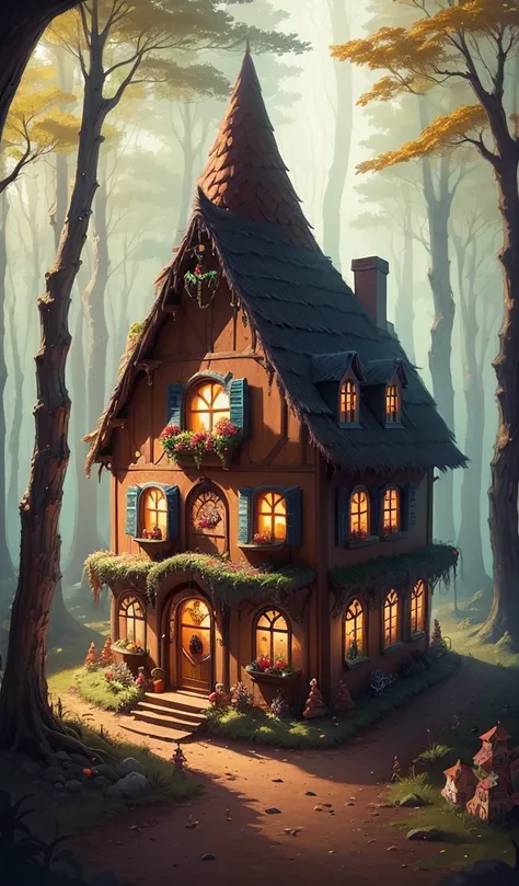 (anime, digital paint, candy house nestled in a forest clearing, vibrant and colorful, astonished faces of 1 boy and 1 girl, candy and sweets decorations, walls made of gingerbread and candy, fairy tale setting, viewed from a low angle with trees framing t...