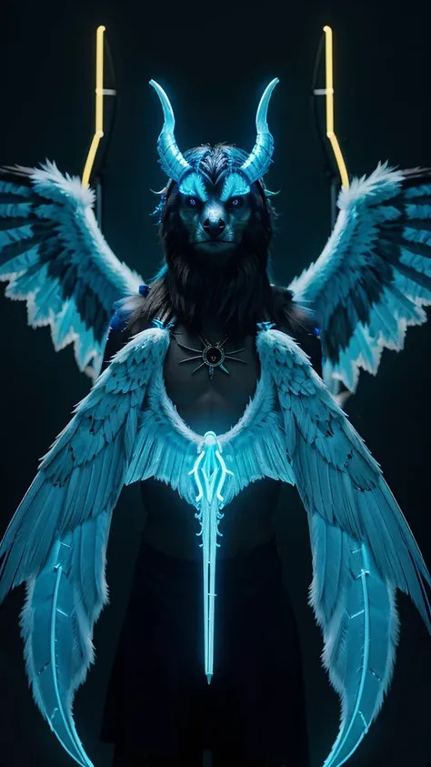 A beastly falcon with Luminous wings, a horn on his head and his eyes are neon blue