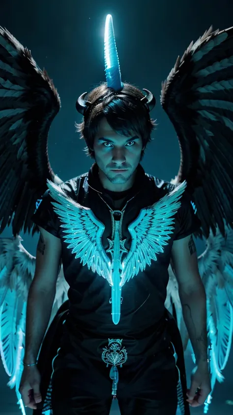 A beastly falcon with Luminous wings, a horn on his head and his eyes are neon blue