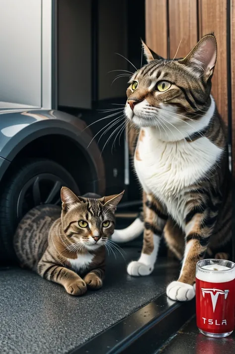 A cat drinking beer in a Tesla
