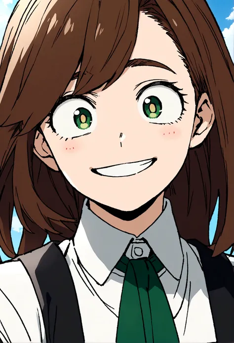 Image capture from my hero academia. Girl with long straight brown hair, with big green eyes, and a happy expression, He is wearing the UA academy uniform