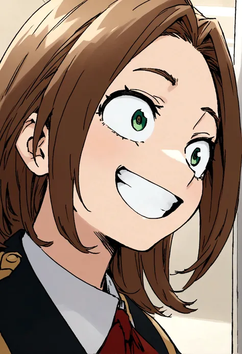 Image capture from my hero academia. Girl with long straight brown hair, with big green eyes, and a happy expression, He is wearing the UA academy uniform