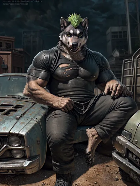 Junkyard setting, recked cars, wolf, husky, canine, punk goth clothing, (black T-shirt) with holes in it, baggy black pants with chains hanging off them, black trenchcoat, sitting on crushed car, muscular, barazoku, evil grin, torn clothing, green Mohawk, ...