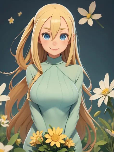 Front view、Front view、One Girl、Simple Background、Long blonde、Blue Eyes、Hair between the eyes、(Green Turtleneck Sweater)、Big Breasts、Huge breasts、Clear contours、Beautiful Eyes、Smiling、Flower Field、Flowers、