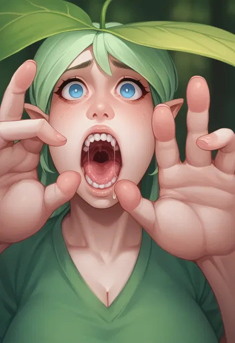 A gigantic woman , which has elongated mouth. A smaller woman, appearing terrified,is being held by these fingers. She has a shocked expression, with her mouth wide open, revealing her teeth and saliva. The background is filled with twisted, leafless trees...