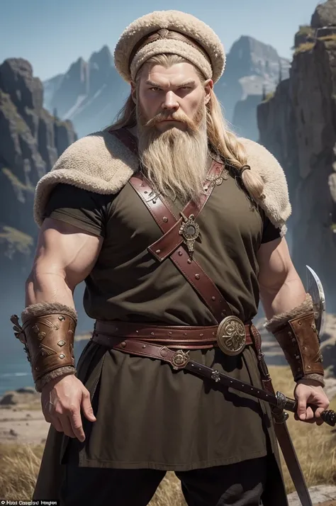 Create an RPG character based on Oleg from the Vikings series, he must be a russian viking with a typical russian hat, must wield a two-handed sword and must have 1,93 m tall and 100 kg