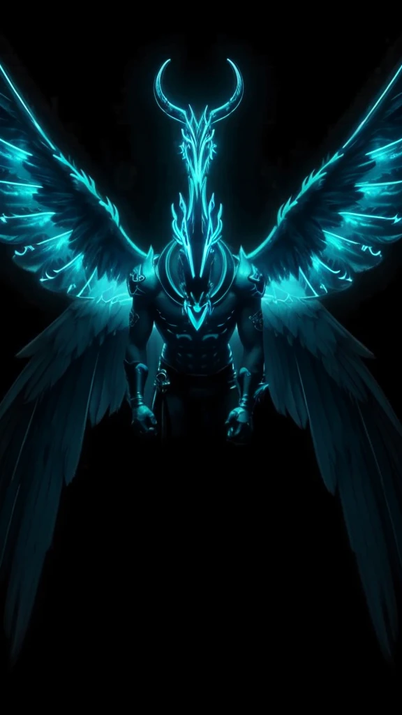 A beastly falcon with Luminous wings, a horn on his head and his eyes are neon blue