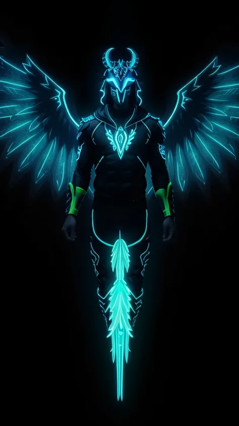 A beastly falcon with Luminous wings, a horn on his head and his eyes are neon blue