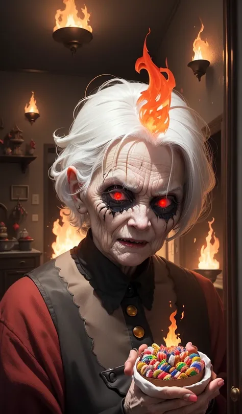 (anime, digital paint, 1 sinister and creepy old woman with white hair and red eyes, burning in flames, vibrant flames defeating the evil force, dark and twisted interior of the candy house, ominous atmosphere with fire lighting, walls made of gingerbread ...