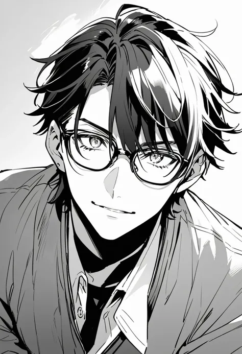 Handsome guy, black hair, greyscale, Monochrome, glasses
