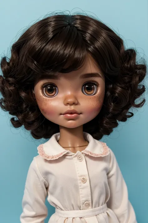 Blythe doll, with big black eyes,!short curly dark brown hair, BROWN SKIN, rosy cheeks and freckles, with light blue background 