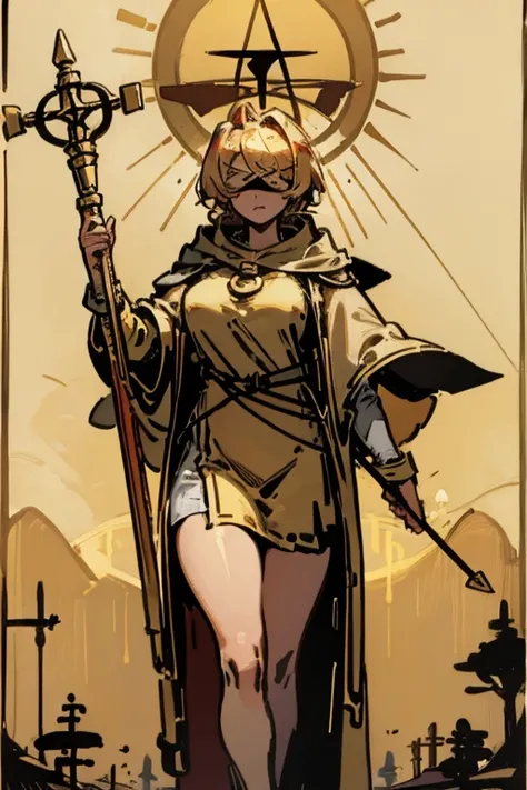 tarot card, 1 girl, Borderland, golden Borderland, gold card, golden tarot card, blindfolded, white blindfolded, father, holding staff, golden halo, thick robes, breasts big, thick-thighs