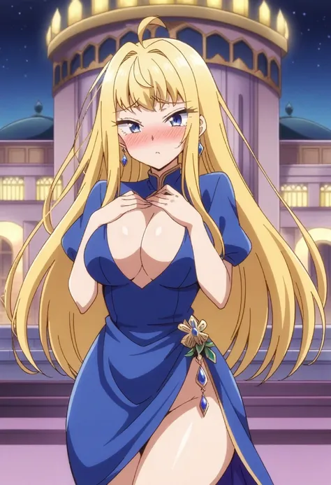 (anime art style), masterpiece, best quality, very aesthetic, absurdres, minamifuyuki, ((1girl)), antenna hair, blonde hair, long hair, sidelocks, ahoge, eyeslashes, blue eyes, large breasts, sexy, cleavage, black high heels, formal dress, jewelry, earring...