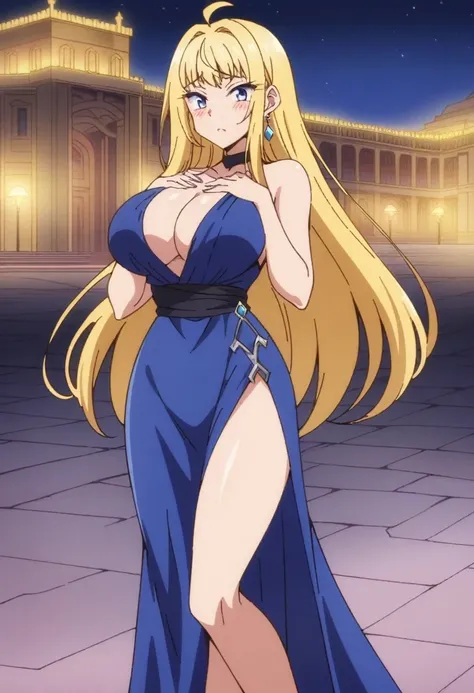 (anime art style), masterpiece, best quality, very aesthetic, absurdres, minamifuyuki, ((1girl)), antenna hair, blonde hair, long hair, sidelocks, ahoge, eyeslashes, blue eyes, large breasts, sexy, cleavage, black high heels, formal dress, jewelry, earring...