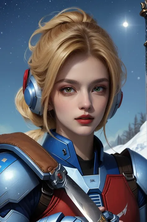 ((best quality)), ((masterpiece)), (detailed),  knight , (sci-fi illustration:1.3, longshot pos, mystical sky , bright colors, (detail sci-fi background), (high-resolution:1.2, high res, (winter), mega man art style, female, beautiful face, beautiful lips,...