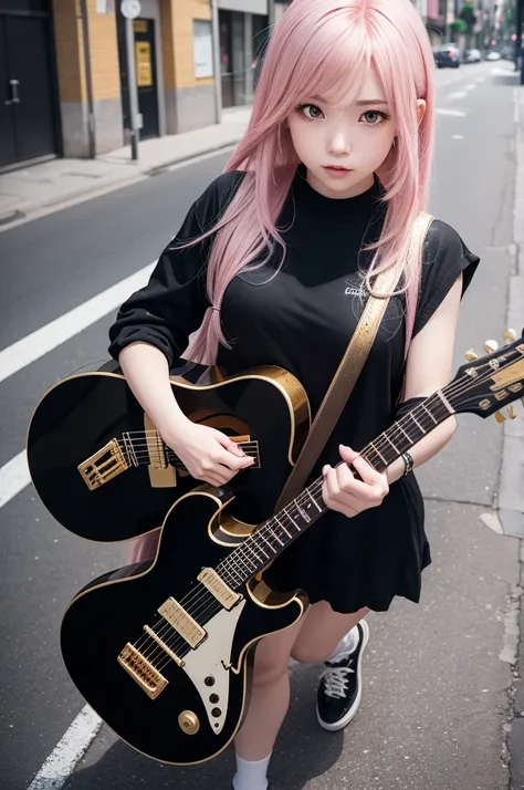 Generate an image of a bocchi the rock anime girl with long pink hair playing a black guitar with gold details on the sidewalk of a street 