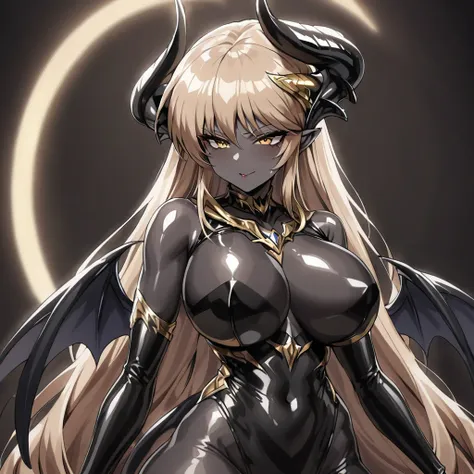 ((Highest quality)), ((masterpiece)), (detailed), （Perfect Face）、The woman is a sexy devil with jet black skin、The woman is a jet-black female demon with magnificent devil horns, jet-black devil wings, and a jet-black tail. Her skin is jet-black and she is...