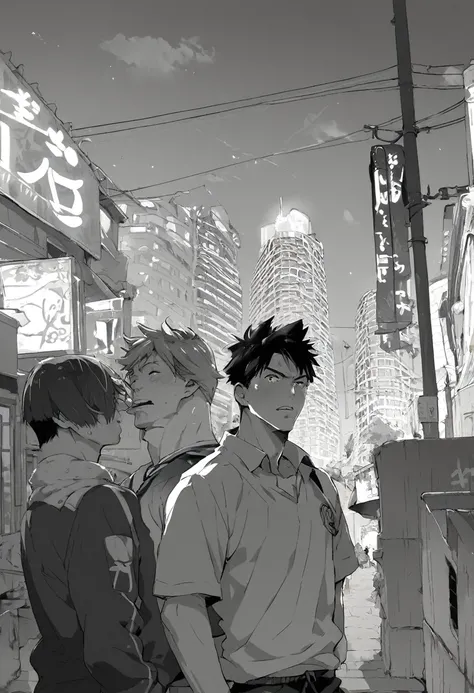 score_9,score_8_up,score_7_up,score_6_up, takeda hiromitsu style, 1boy, black hair, handsome, city, greyscale