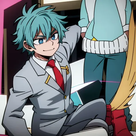 1boy, male focus, solo, muscular body, short hair, messy hair, aquamarine hair, violet eyes, smirk, gray jacket, red tie, white shirt, teal pants, boots