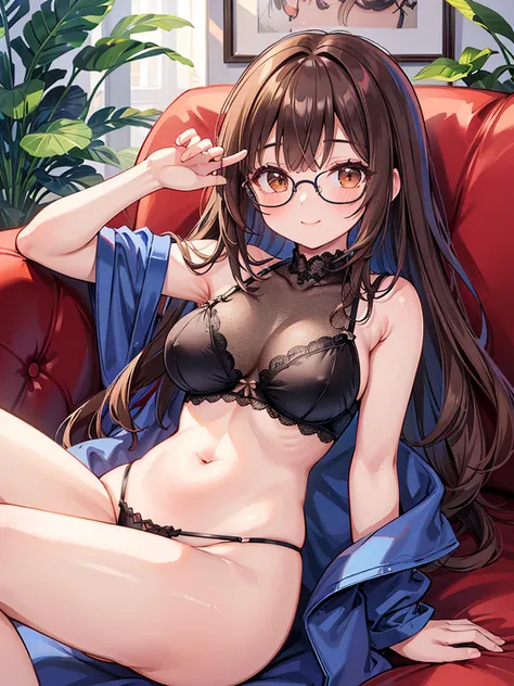 NSFW、1 Female、Brown hair、Brown Eyes、Best Quality、Super detailed、8 Resolution、Raw photo、Mastepiece、Perfect Body、high resolution、Highest quality、Detailed drawing、Vibrant colors、lure、Long Hair、Black-rimmed glasses、Captivating breasts、Big Breasts、Lying on the ...