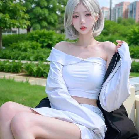 Beautiful woman with perfect figure:1.4，Ultra-high resolution，Wearing glasses，white背景，（real：1.4），Layered Hairstyles，white皮肤，Super Short Pleated Skirt，whole body，Extremely delicate facial and skin texture，double eyelid，Skin whitening，Long Hair，white hair，wh...