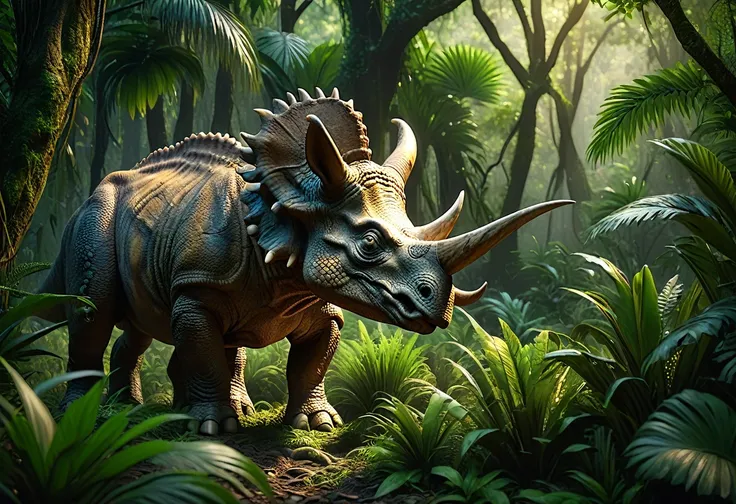 Triceratops, photorealistic, cinematic, dense jungle, grazing, lifelike textures, detailed scales, realistic lighting, dynamic composition, ultra-high definition, dramatic shot