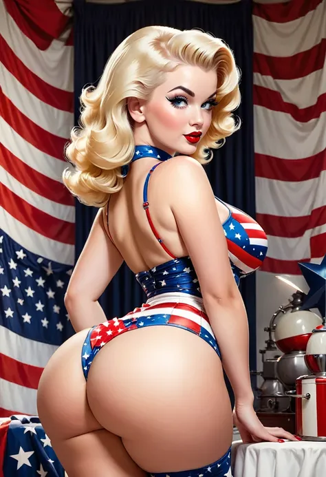 Pinup blonde bombshell seductive voluptuous patriotic sexy lustrous booty