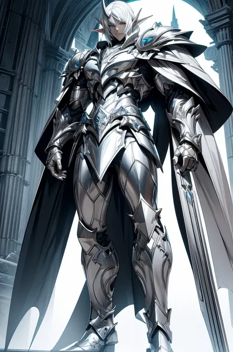 male half elf knight, full body art, silver hair, white skin, topaz iris eye, dark knight full plate adorned armor, silver cape, perfectly detailed.