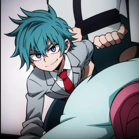 1boy, male focus, solo, muscular body, short hair, messy hair, aquamarine hair, violet eyes, smirk, gray jacket, red tie, white shirt, teal pants, boots