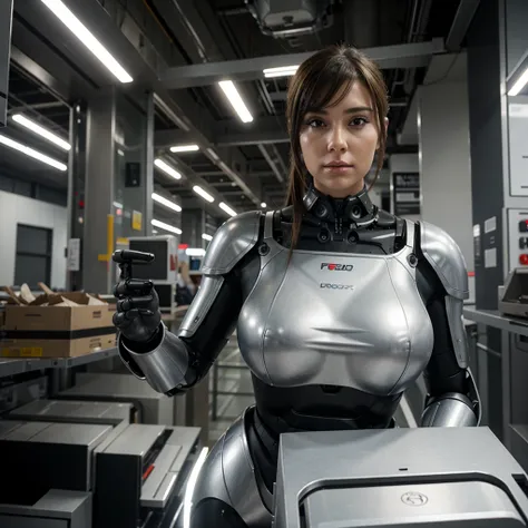 a female robot that looks human but is larger than a woman,