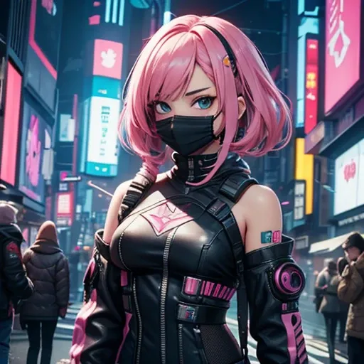 cyberpunk 2d anime girl with pink hair and a hightech mask with sci fi tokyo in the background make her body more skinny