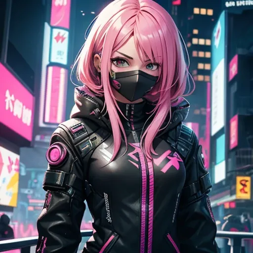 cyberpunk 2d anime girl with pink hair and a hightech mask with sci fi tokyo in the background make her body more skinny