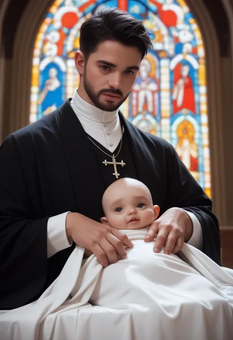 an ultra realistic church altar, gothic style, in front of the pupto in the center we have a black man, holding a newborn baby w...