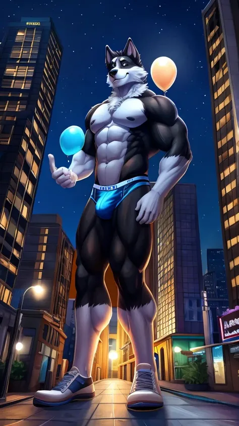 Border collie, Anthro, Furry, Wearing Blue Underwear, muscle, behind him city And Night, his really tall, balloon 
