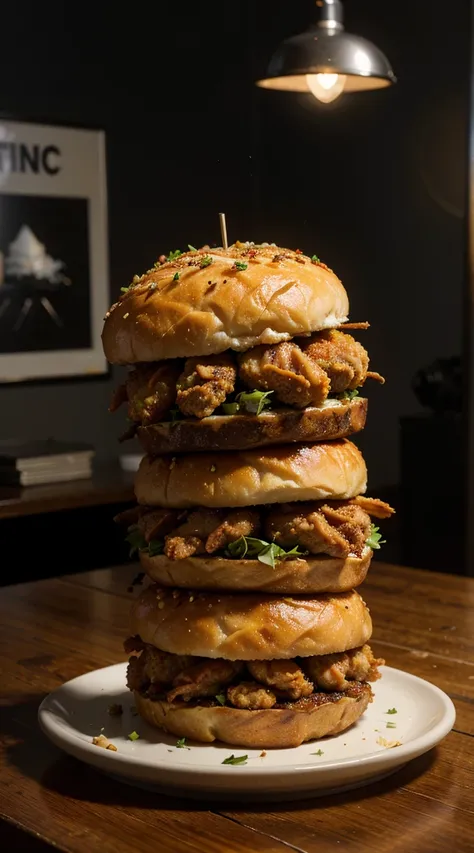 Fried chicken stacked on top of each other on a table, cinematic, cinematic lighting, sharp focus, smooth, concept art, ArtStation, digital painting, highly detailed