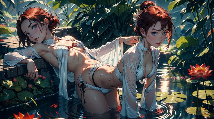 1female，19 year old，Slim，Small loli，smallunderboob ，Pornographic exposure， solo，（Background with：Lotus pond，the rainforest，Surrounded by lotus flowers） She has short black hair，standing on your feet，Sweat profusely，drenched all over the body，seen from the ...