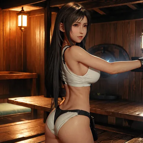 Tifa in a sauna, half naked, whole body, pose sensual, round ass, big breasts and light brown eyes. 8k, Best Quality, masterpiece 1.2