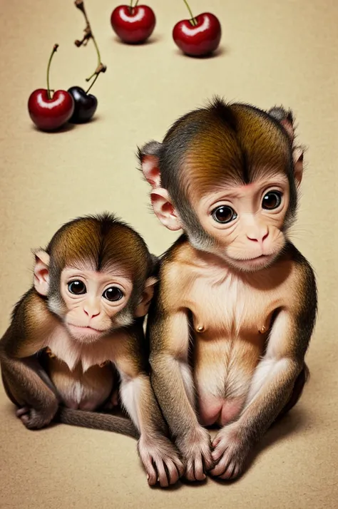 Cute and tender kawaii style cartoon of a little monkey next to a cherry