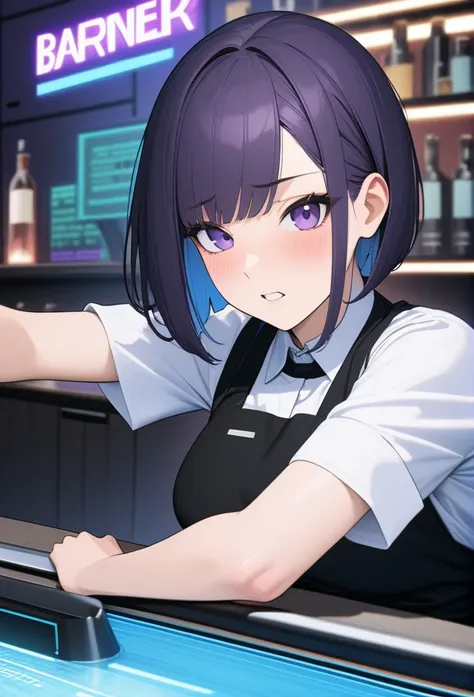 adult female, black purple hair, slanted bob haircut, apathetic, perfect purple eyes, expressive eyes, cyberpunk bar, bartender,...